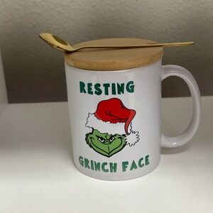 Resting Grinch Face White Mug with Bamboo Lid and Gold Spoon